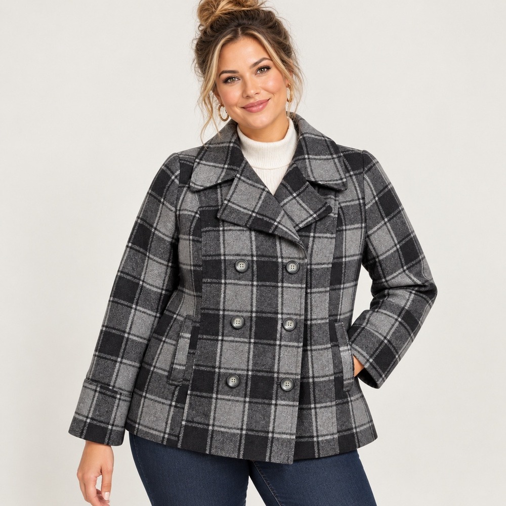 Old Navy Women's XL Plaid Wool Blend Peacoat Double Breasted Gray Y2K Academia